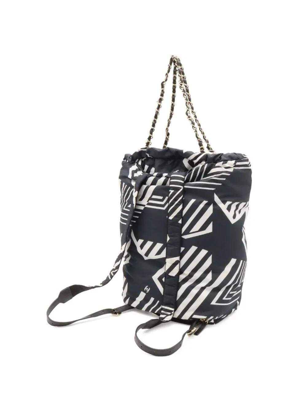 Chanel Coco Beach Backpack Chain Shoulder Bag Star Pattern Nylon Leather Black